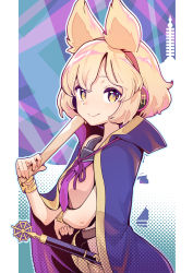 Rule 34 | 1girl, absurdres, bare shoulders, belt, black belt, black sailor collar, blonde hair, blush, breasts, bright pupils, cape, closed mouth, commentary request, earmuffs, fang, gold bracelet, gold trim, hair between eyes, highres, holding, looking at viewer, neck ribbon, pointy hair, purple ribbon, ribbon, ritual baton, sailor collar, sheath, shirt, short hair, silentmonday, sleeveless, sleeveless shirt, small breasts, smile, solo, touhou, toyosatomimi no miko, two-sided cape, two-sided fabric, white pupils