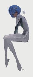 Rule 34 | 1girl, ayanami rei, blue hair, closed mouth, grey background, hair between eyes, highres, invisible chair, neon genesis evangelion, plugsuit, red eyes, short hair, signature, simple background, sitting, sketch, solo, white hair, yomotobi