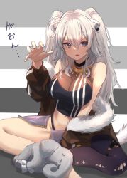 Rule 34 | 1girl, ahoge, animal ears, bare shoulders, barefoot, black panties, breasts, cleavage, crop top, earrings, fangs, fur-trimmed jacket, fur trim, gao, grey eyes, grey hair, hair between eyes, highres, hololive, indian style, jacket, jewelry, large breasts, lion ears, lion girl, long hair, looking at viewer, miniskirt, necklace, o-ring, o-ring thigh strap, off shoulder, open mouth, panties, roco (rocoroco1115), see-through, see-through cleavage, shirt, shishiro botan, shishiro botan (1st costume), single leg pantyhose, sitting, skirt, solo, stuffed animal, stuffed toy, thigh strap, torn clothes, torn legwear, underwear, virtual youtuber