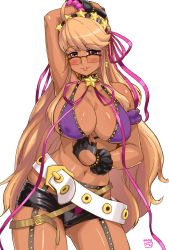 Rule 34 | 1girl, ahoge, alma armas, bb (fate), bb (fate) (all), bb (swimsuit mooncancer) (fate), bb (swimsuit mooncancer) (fate) (cosplay), bb (swimsuit mooncancer) (second ascension) (fate), belt, bikini, bikini top only, black garter belt, black gloves, blonde hair, breasts, cleavage, commentary request, contrapposto, cosplay, covered erect nipples, dark-skinned female, dark skin, earrings, fate/grand order, fate (series), finalcake, fingerless gloves, garter belt, glasses, gloves, gluteal fold, hair ribbon, hairband, highres, jewelry, large breasts, long hair, looking at viewer, looking over eyewear, loose belt, lowleg, lowleg shorts, micro shorts, nail polish, navel, open fly, over-rim eyewear, pink ribbon, purple bikini, purple eyes, purple nails, ribbon, semi-rimless eyewear, shorts, simple background, solo, standing, star (symbol), star earrings, studded choker, studded garter belt, swimsuit, thighs, va-11 hall-a, very long hair, white background, white belt