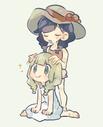 Rule 34 | 2girls, :&gt;, bare arms, barefoot, black hair, blonde hair, blush, blush stickers, braid, chibi, closed eyes, closed mouth, collared dress, commentary request, creatures (company), donguri big, dress, game freak, green eyes, grey shorts, hat, highres, lillie (pokemon), long hair, matching hairstyle, multiple girls, nintendo, open mouth, pokemon, pokemon sm, pokemon usum, selene (pokemon), shirt, shorts, sitting, sleeveless, sleeveless dress, sleeveless shirt, smile, sparkle, standing, tongue, twin braids, white dress