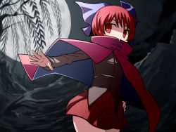 Rule 34 | 1girl, bad id, bad pixiv id, bow, cape, full moon, hair bow, hakika, hand on own hip, moon, red eyes, red hair, sekibanki, skirt, solo, touhou