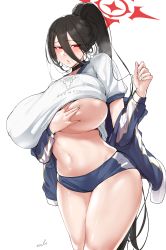 Rule 34 | 1girl, absurdres, black hair, blue archive, blush, breasts, hasumi (blue archive), highres, huge breasts, long hair, looking at viewer, navel, ponytail, puzenketsu, red eyes, solo, standing, tagme, underboob, very long hair