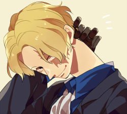 Rule 34 | 1boy, black gloves, blonde hair, gloves, hair over one eye, jacket, male focus, one piece, sabo (one piece), scar, simple background, solo