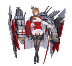 Rule 34 | 1girl, black thighhighs, breasts, brown eyes, brown hair, cannon, cleavage, cloak, crown, full body, garter straps, gloves, hand on hilt, king george v (warship girls r), kishiyo, large breasts, machinery, mini crown, miniskirt, pencil skirt, side slit, sidelocks, skirt, smile, solo, standing, thighhighs, turret, warship girls r, white gloves, white skirt, zettai ryouiki