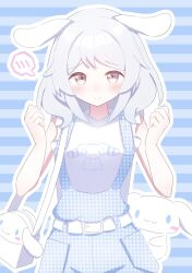 Rule 34 | 1girl, 2nisikoyn, alternate costume, animal ears, bag, belt, blush, breasts, clenched hands, closed mouth, commentary request, grey hair, hair between eyes, hair ornament, highres, hishi miracle (umamusume), horse ears, horse girl, horse tail, looking at viewer, medium breasts, simple background, smile, striped background, tail, umamusume