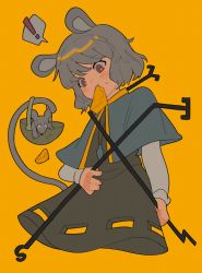 Rule 34 | !, 1girl, animal ears, artist request, basket, biting, capelet, cheese, dress, eating, food, grey dress, grey hair, highres, jewelry, mouse (animal), mouse ears, nazrin, pendant, rbfnrbf (mandarin), red eyes, short hair, simple background, speech bubble, sweatdrop, touhou, yellow background