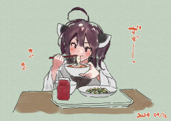 Rule 34 | 1girl, ahoge, blush, bowl, brown eyes, brown hair, chopsticks, closed mouth, dated, eating, food, food request, green background, headgear, holding, holding bowl, holding chopsticks, japanese clothes, kimono, lamb (hitsujiniku), long sleeves, noodles, obi, plate, sash, solo, table, touhoku kiritan, translation request, twintails, v-shaped eyebrows, voiceroid, white kimono, wide sleeves