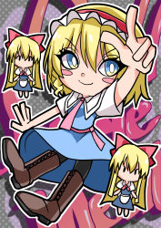 Rule 34 | absurdres, alice margatroid, arm up, black legwear, blonde hair, blue dress, blue eyes, blush stickers, bow, brown footwear, capelet, closed mouth, dress, frilled hairband, frills, full body, grey background, hair between eyes, hair bow, hairband, highres, hourai doll, mahoro (minase mahoro), no mouth, no nose, pantyhose, pointing, pointing up, polka dot, polka dot background, red bow, red hairband, shanghai doll, short hair, short sleeves, smile, touhou, v-shaped eyebrows, white capelet