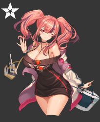 Rule 34 | 1girl, absurdres, azur lane, bag, bare shoulders, between breasts, black background, black choker, black sweater, blush, bra strap, breasts, bremerton (azur lane), bremerton (day-off date) (azur lane), choker, cleavage, collarbone, commentary request, cropped legs, dress, eyewear hang, unworn eyewear, grey hair, hair between eyes, hair intakes, hand up, handbag, highres, holding, holding bag, jacket, large breasts, long hair, looking at viewer, multicolored hair, no mole, off-shoulder dress, off-shoulder sweater, off shoulder, official alternate costume, one eye closed, open clothes, open jacket, parted lips, pink eyes, pink hair, rakuri (rwrn5475), red-tinted eyewear, revision, sidelocks, simple background, smile, solo, star (symbol), star print, strap between breasts, streaked hair, sweater, sweater dress, tinted eyewear, turret, twintails, two-tone hair, white jacket