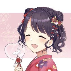 Rule 34 | 1girl, :d, ^ ^, absurdres, black hair, blush, closed eyes, facing viewer, fangs, floral print, from side, fukumaru koito, hair ornament, hand up, heart, highres, holding, idolmaster, idolmaster shiny colors, japanese clothes, kimono, mochiko (uyu omochi), open mouth, pink background, print kimono, red kimono, smile, solo, swept bangs, transparent, two-tone background, upper body, white background