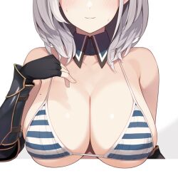 Rule 34 | 1girl, bikini, breasts, closed mouth, commentary request, detached collar, enosan, gauntlets, grey hair, hololive, large breasts, mole, mole on breast, shirogane noel, shirogane noel (1st costume), short hair, simple background, smile, solo, striped bikini, striped clothes, swimsuit, upper body, virtual youtuber, white background
