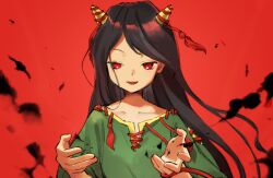 Rule 34 | 1girl, black hair, green shirt, hands up, highres, horn ornament, horns, kaigen 1025, long hair, nippaku zanmu, oni horns, open mouth, red background, red eyes, red rope, rope, shirt, short sleeves, simple background, solo, touhou, wide sleeves, wind