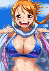 Rule 34 | 1girl, @ @, absurdres, arabian clothes, breasts, brown eyes, cleavage, cloud, earrings, female focus, highres, huge breasts, jewelry, le reef, looking at viewer, nami (one piece), navel, one piece, open mouth, orange hair, short hair, solo, sweat, tongue, upper body
