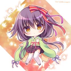 Rule 34 | 1girl, :o, blush, bow, brown eyes, character request, chibi, commentary request, flower, full body, green kimono, hair between eyes, hair bow, japanese clothes, kimono, leaf, long hair, long sleeves, looking at viewer, maple leaf, mono no aware wa sai no koro., obi, parted lips, pleated skirt, print skirt, purple hair, red bow, ribbon-trimmed skirt, ribbon trim, ryuuka sane, sash, skirt, sleeves past wrists, solo, striped, striped bow, thighhighs, twitter username, unmoving pattern, very long hair, white bow, white flower, white thighhighs, wide sleeves, yagasuri