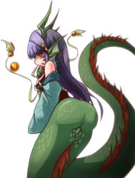 Rule 34 | 1girl, animal ears, ass, bad id, bad pixiv id, ball, bare shoulders, blush, breasts, claws, dragon, dragon ears, dragon girl, dragon horns, dragon tail, dragon wings, eastern dragon, fins, from behind, fur, head fins, highres, horns, japanese clothes, long hair, medium breasts, monster girl, monster girl encyclopedia, purple hair, ryuu (monster girl encyclopedia), scales, snake tail, solo, sud (sudea), tail, wings, yellow eyes
