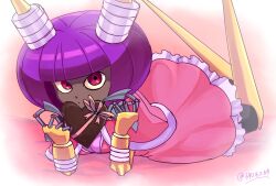 Rule 34 | 1girl, alternate costume, bob cut, breasts, candy, chocolate, chocolate heart, claws, cleavage, closed mouth, commentary request, dark-skinned female, dark skin, dress, dynatron (mighty no. 9), feet out of frame, food, heart, highres, holding, holding chocolate, holding food, horns, joints, lying, medium breasts, mighty no. 9, no cape, no feet, on bed, on stomach, pink dress, pink ribbon, purple hair, red eyes, ribbon, robot, robot girl, robot joints, short hair, simple background, takenokonoko, the pose, twitter username, valentine, very dark skin, yellow horns
