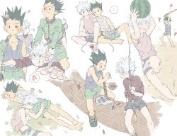 Rule 34 | ..., 2boys, puff of air, ?, anger vein, bandaid, barefoot, black hair, blindfold, clenched teeth, closed eyes, closed mouth, controller, fishing rod, food, fruit, game controller, gon freecss, grabbing another&#039;s hair, head bump, highres, holding, hunter x hunter, injury, killua zoldyck, lure, lying, male focus, multiple boys, on side, on stomach, open mouth, playing games, shirt, shorts, silver hair, sitting, sleeping, spiked hair, spoken anger vein, spoken ellipsis, squiggle, suikawari, tank top, tears, teeth, toripippi 7, torn clothes, watermelon