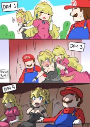 Rule 34 | 1boy, 2girls, bare shoulders, black dress, blonde hair, blue eyes, blush, blush stickers, bowsette, cabbie hat, comic, dress, earrings, english text, engrish text, faceless, hand on another&#039;s hand, hat, horns, jewelry, long hair, mario (series), movie theater, multiple girls, nervous, new super mario bros. u deluxe, nintendo, nose blush, outdoors, overalls, photo booth, pink dress, ponytail, princess peach, ranguage, red shirt, sesield, shirt, short hair, strapless, strapless dress, super crown