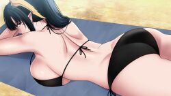Rule 34 | 1girl, absurdres, ass, bare arms, beach towel, bikini, black bikini, black hair, blue towel, breasts, commentary request, crossed arms, earrings, head on arm, highres, horns, indie virtual youtuber, jewelry, large breasts, looking at viewer, looking to the side, lying, on stomach, outdoors, pixela project, pointy ears, ponytail, red eyes, side-tie bikini bottom, sidelocks, sideways glance, solo, sweat, swimsuit, thai commentary, towel, umino ciala, virtual youtuber, xter