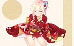 Rule 34 | 1girl, alternate hairstyle, blonde hair, blue eyes, blush, boku wa tomodachi ga sukunai, butterfly hair ornament, cait aron, closed mouth, clothes lift, commentary request, floral print, flower, from above, hair flower, hair ornament, highres, japanese clothes, kashiwazaki sena, kimono, kimono lift, looking at viewer, new year, red kimono, seiza, side ponytail, sitting, smile, solo, tally