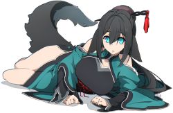 Rule 34 | 1girl, :o, bare shoulders, black hair, blue eyes, breasts, chinese clothes, hair ornament, hanfu, highres, large breasts, long hair, long sleeves, lying, on side, open mouth, original, simple background, solo, tail, white background, wolf tail, yamunashi (soregoshi)