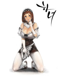 Rule 34 | 1girl, apron, blue eyes, blush, bow, breasts, brown hair, cleavage, detached collar, dress, female focus, finger to mouth, frills, gloves, headdress, highres, kneeling, korean text, large breasts, lips, looking away, looking to the side, maid, maid headdress, original, pantyhose, ribbon, shoes, short dress, simple background, solo, spread legs, translated, waist apron, white background, white gloves, white pantyhose, wonjun choi