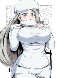 Rule 34 | 1girl, blue eyes, breasts, cowboy shot, creatures (company), earrings, game freak, gloves, gym leader, hat, highres, jewelry, large breasts, long hair, long sleeves, looking at viewer, mature female, melony (pokemon), nintendo, open mouth, pantyhose, pokemon, pokemon swsh, ring, shimure (460), shorts, silver hair, simple background, single glove, solo, sweater, thick eyebrows, turtleneck, white background, white hat, white sweater