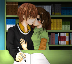 Rule 34 | 00s, 1boy, 1girl, blush, book, bookshelf, brother and sister, brown eyes, brown hair, death note, hand on another&#039;s chest, hetero, incest, indoors, kiss, pen, short hair, siblings, table, writing, yagami light, yagami sayu