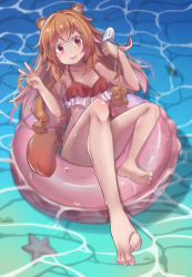 Rule 34 | 1girl, absurdres, aisha (rfrm), animal ear fluff, animal ears, blush, brown hair, child, feet, floating, floating object, food, highres, holding, holding food, long hair, looking at viewer, open mouth, raccoon ears, raccoon girl, raccoon tail, raphtalia, solo, swimsuit, tail, tate no yuusha no nariagari, v, very long hair