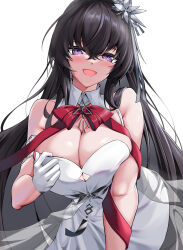 Rule 34 | 1girl, absurdres, bare shoulders, black hair, blush, bow, bowtie, breasts, character request, cleavage, counter:side, dress, elze (s01047480836), gloves, hair ornament, highres, large breasts, long hair, looking at viewer, purple eyes, red bow, red bowtie, see-through, simple background, sleeveless, sleeveless dress, solo, very long hair, white background, white gloves