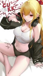 Rule 34 | 2girls, absurdres, black buruma, black jacket, blonde hair, bow, breasts, buruma, cleavage, crop top, earrings, grin, hair bow, headphones, headphones around neck, highres, hololive, hololive indonesia, jacket, jewelry, kaela kovalskia, kureiji ollie, large breasts, leg tattoo, long hair, midriff, multiple girls, navel, off shoulder, one eye closed, parted lips, ponytail, red eyes, sitting, smile, solo focus, somebody (leiking00), stomach, stomach tattoo, tank top, tattoo, thighs, very long hair, virtual youtuber, white tank top