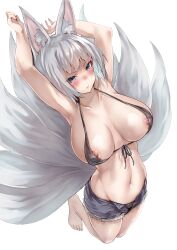 Rule 34 | 1girl, absurdres, alexi oekaki, animal ears, armpits, arms up, azur lane, barefoot, bikini, black bikini, black ribbon, black shorts, blue eyes, breasts, cleavage, closed mouth, collarbone, fox ears, fox girl, fox tail, front-tie bikini top, front-tie top, full body, grey hair, highres, kaga (azur lane), kneeling, large breasts, looking at viewer, multiple tails, navel, nipple slip, nipples, open clothes, open fly, open shorts, ribbon, short hair, short shorts, shorts, simple background, solo, stomach, swimsuit, tail, white background