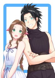 Rule 34 | 1boy, 1girl, aerith gainsborough, bare arms, bare shoulders, belt, belt buckle, black hair, blue eyes, blush, braid, braided ponytail, brown hair, buckle, collarbone, commentary request, couple, crisis core final fantasy vii, crossed arms, dress, earrings, final fantasy, final fantasy vii, green eyes, grin, hair ribbon, head on another&#039;s shoulder, height difference, highres, jewelry, long hair, looking at viewer, multiple belts, nalu, open mouth, parted bangs, pink ribbon, ribbed sweater, ribbon, short hair, sidelocks, sleeveless, sleeveless turtleneck, smile, spaghetti strap, spiked hair, stud earrings, sweater, turtleneck, turtleneck sweater, twitter username, upper body, white dress, zack fair