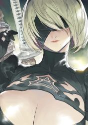Rule 34 | 1girl, absurdres, black blindfold, black dress, black hairband, blindfold, breasts, cleavage, cleavage cutout, closed mouth, clothing cutout, covered eyes, devonpan, dress, facing viewer, gloves, hairband, hand up, high collar, highres, katana, large breasts, mole, mole under mouth, nier (series), nier:automata, pink lips, silver hair, solo, sword, sword behind back, weapon, 2b (nier:automata)