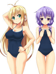 Rule 34 | 2girls, amau (kosmos), blonde hair, blue one-piece swimsuit, breast envy, breasts, competition school swimsuit, covered erect nipples, frown, green eyes, hair bobbles, hair ornament, large breasts, model pose, multiple girls, one-piece swimsuit, purple eyes, purple hair, school swimsuit, simple background, smile, smirk, smug, swimsuit, thigh gap, tsurumaki maki, vocaloid, voiceroid, white background, yuzuki yukari