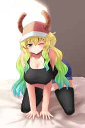 Rule 34 | 10s, 1girl, ;), all fours, baseball cap, bed sheet, black thighhighs, blonde hair, blush, breasts, cleavage, covered erect nipples, cowfee, dragon girl, dragon horns, full body, gradient hair, green eyes, green hair, hanging breasts, hat, highres, horns, indoors, kobayashi-san chi no maidragon, large breasts, long hair, looking at viewer, lucoa (maidragon), multicolored hair, one eye closed, short shorts, shorts, smile, solo, tank top, thighhighs, yellow pupils