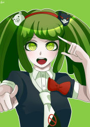 Rule 34 | 1girl, aged up, alternate costume, arm up, bear hair ornament, blush, bow, bowtie, breasts, buttons, collared shirt, cosplay, danganronpa (series), danganronpa 3 (anime), enoshima junko, enoshima junko (cosplay), green background, green eyes, green hair, hair ornament, hairband, hand on own face, hand on own forehead, hand up, headband, headwear request, highres, long eyelashes, long hair, looking at viewer, medium breasts, medium hair, multicolored clothes, multicolored neckwear, necktie, neckwear request, official alternate costume, open mouth, pointing, pointing at self, red bow, red hairband, red headband, red headwear, shirt, short sleeves, swastika, teeth, tongue, towa monaca, twintails, upper body, upper teeth only