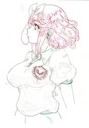 Rule 34 | 1girl, alternate costume, arms at sides, bloomers, blouse, breasts, buruma, collared shirt, cowboy shot, earrings, from side, frown, green buruma, gym uniform, hair between eyes, highres, ink, jewelry, large breasts, nintendo, profile, pyra (xenoblade), red hair, shirt, simple background, solo, sparkle, standing, swept bangs, underwear, wavy hair, white shirt, xenoblade chronicles (series), xenoblade chronicles 2, xenoblade chronicles 2: torna - the golden country