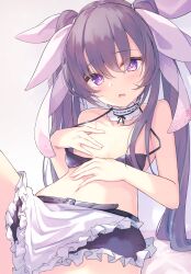 Rule 34 | 1girl, bare shoulders, belt, bikini, bikini pull, black bikini, black hair, blush, choker, clothes pull, collarbone, covering breasts, covering privates, frilled skirt, frills, hair ribbon, highres, leaning back, leather belt, long hair, looking at viewer, maid, maid bikini, miyanome, navel, open mouth, original, purple eyes, purple pupils, revealing clothes, ribbon, sidelocks, simple background, skirt, solo, spaghetti strap, swimsuit, thighs, twintails, unconventional maid, very long hair, white background, white ribbon