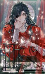 Rule 34 | 1boy, absurdres, architecture, bishounen, black hair, braid, bug, butterfly, butterfly necklace, chinese clothes, earrings, east asian architecture, eyepatch, film grain, glowing butterfly, hair over shoulder, highres, hua cheng, insect, jewelry, long hair, long sleeves, male focus, shiyangtacit, single braid, solo, sparkle, string, string of fate, tianguan cifu, white butterfly, wide sleeves