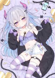 Rule 34 | 1girl, absurdres, black cardigan, blush, breasts, camisole, cardigan, cellphone, chain, character request, cleavage, demon girl, demon horns, finger to mouth, grey hair, hair ornament, hairclip, highres, horns, indie virtual youtuber, ineka ka, long hair, looking at viewer, lying, midriff, navel, off shoulder, on back, phone, purple camisole, purple eyes, short shorts, shorts, sleeves past wrists, small breasts, smartphone, smile, solo, stomach, strap slip, striped clothes, striped thighhighs, thigh strap, thighhighs, thighs, virtual youtuber, white shorts