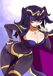 Rule 34 | 1girl, angry, bags under eyes, biting own finger, black hair, blunt bangs, bodystocking, bracelet, breasts, bridal gauntlets, chrono 08, cropped legs, curvy, fire emblem, fire emblem awakening, hand on own ass, highres, jewelry, large breasts, leaning forward, nintendo, pelvic curtain, purple hair, simple background, skin tight, solo, teeth, tharja (fire emblem), tiara, wide hips