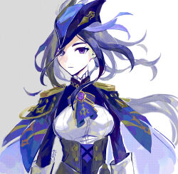 Rule 34 | 1girl, absurdres, blue hair, breasts, clorinde (genshin impact), dress, epaulettes, expressionless, feathers, frilled sleeves, frills, genshin impact, gloves, hat, hat feather, highres, long hair, looking at viewer, medium breasts, purple eyes, serious, simple background, solo, tatata taira, uniform, white background, white gloves