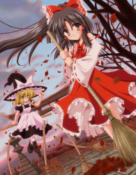 Rule 34 | 2girls, apron, arm support, ascot, autumn, bamboo broom, bare shoulders, black dress, black hair, blonde hair, bow, broom, broom riding, cloud, day, detached sleeves, dress, dutch angle, female focus, flying, frilled dress, frills, hair bow, hair tubes, hakurei reimu, hakurei shrine, half updo, hat, kirisame marisa, large bow, leaf, loafers, looking at viewer, mountain, multiple girls, outdoors, patch, red dress, shoes, sidelocks, sidesaddle, sky, smile, statue, stone lantern, sweeping, torii, touhou, tree, v, white legwear, wide sleeves, wind, witch hat, yellow eyes