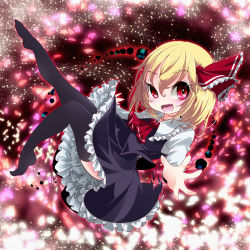 Rule 34 | 1girl, black thighhighs, blonde hair, bow, darkness, hair bow, hair ribbon, kayama benio, light particles, looking at viewer, open mouth, outstretched arm, petals, red eyes, ribbon, rumia, short hair, skirt, smile, solo, thighhighs, touhou