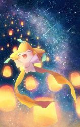 Rule 34 | blush, closed eyes, comet, creatures (company), flying, game freak, gen 3 pokemon, highres, jirachi, lamp, legendary pokemon, mythical pokemon, night, night sky, nintendo, no humans, outstretched arms, pokemon, remon (920moomin), sky, smile, solo, space, sparkle, spread arms, star (sky), starry sky