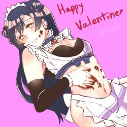 Rule 34 | 1girl, apron, artist request, blue hair, blush, breasts, chocolate, chocolate on body, commentary request, detached sleeves, double bun, earrings, food on body, hair between eyes, hair bun, happy valentine, jewelry, long hair, looking at viewer, love live!, love live! school idol project, maid, maid apron, maid headdress, mogyutto &quot;love&quot; de sekkin chuu!, navel, no panties, no pants, simple background, small breasts, solo, sonoda umi, yellow eyes