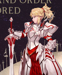 Rule 34 | 1girl, armor, armored dress, blonde hair, braid, breasts, clarent (fate), commentary request, fate/grand order, fate (series), from side, green eyes, hair ornament, hair scrunchie, highres, holding, holding sword, holding weapon, long hair, mordred (fate), mordred (fate/apocrypha), ozma, ponytail, red scrunchie, scrunchie, smile, solo, sword, weapon