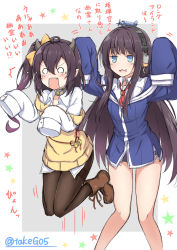 Rule 34 | 2girls, :3, :d, ahoge, arms up, azur lane, bare legs, bell, bike shorts, blue dress, blue eyes, blush, boots, bow, brown footwear, brown hair, brown legwear, collared shirt, dress, fang, fangs, grey background, hair between eyes, hair bow, headphones, highres, horns, isuzu (azur lane), jingle bell, jumping, long hair, long island (azur lane), long sleeves, multiple girls, necktie, o o, object on head, off shoulder, one side up, open mouth, orange bow, oversized clothes, pantyhose, pointy ears, red ribbon, ribbon, shirt, side ponytail, sleeves past fingers, sleeves past wrists, smile, star (symbol), surprised, sweater, t@ke-g, tears, thighband pantyhose, translated, twitter username, two-tone background, very long hair, white background, white shirt